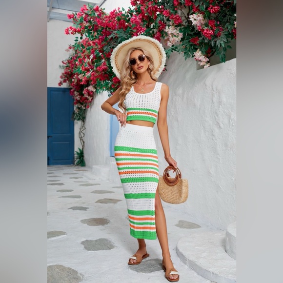 Striped Openwork Cropped Tank and Split Skirt Set - Picture 13 of 16